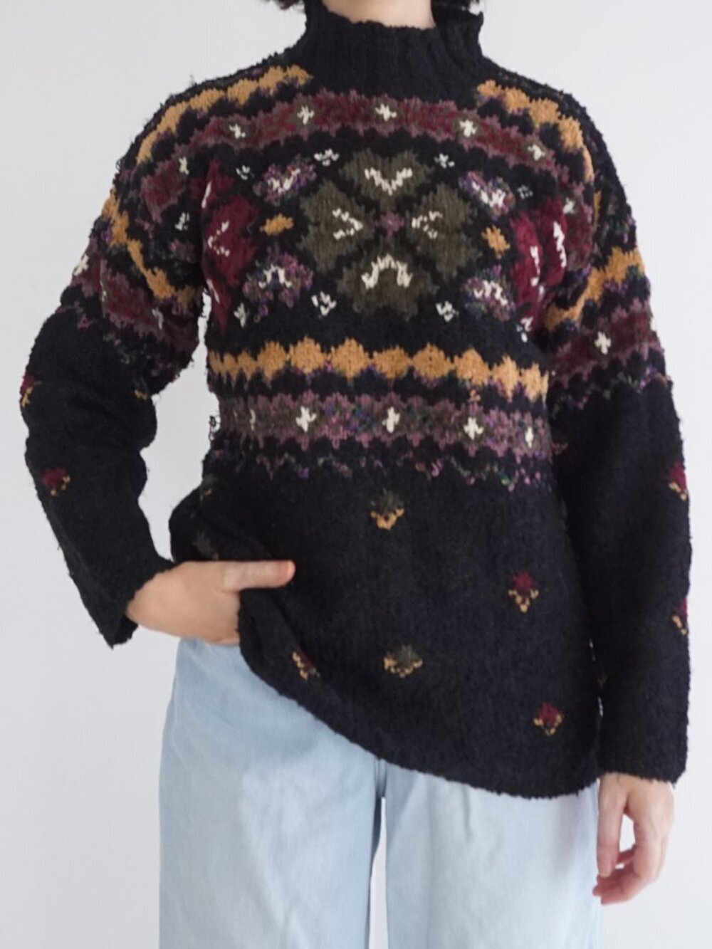 Vintage Curio Black Burgundy Fair Isle Floral Nordic Outdoor Ski Lodge Sweater S